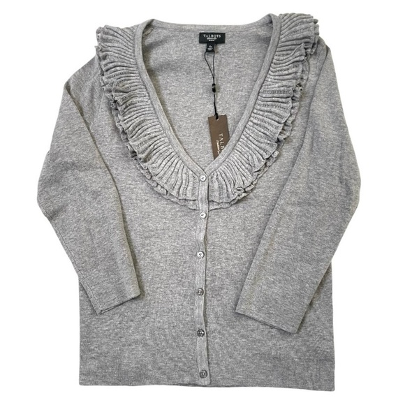 Talbots gray ruffle neckline cardigan small petite new - Picture 1 of 11